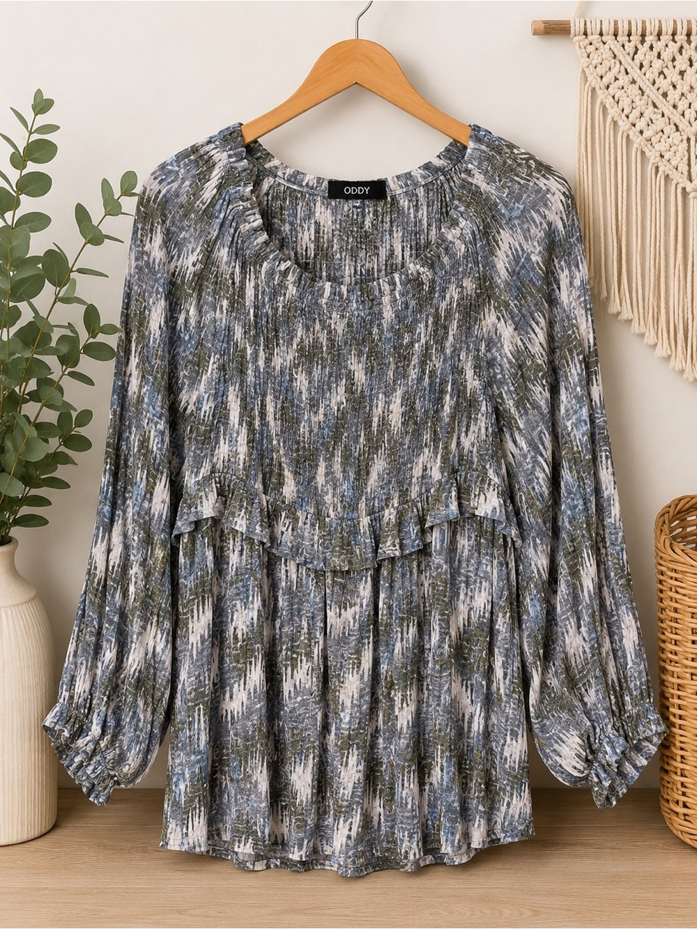 ODDY Boho Smocked Peasant Tunic Top 1X Gray Abstract Print Flowy Lightweight - Picture 3 of 8